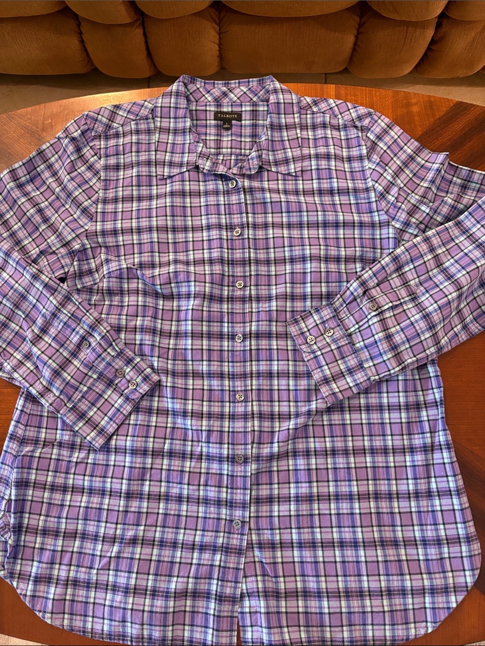 Talbots Women’s Lavender and Navy Plaid Button-Front Long-Sleeved Shirt